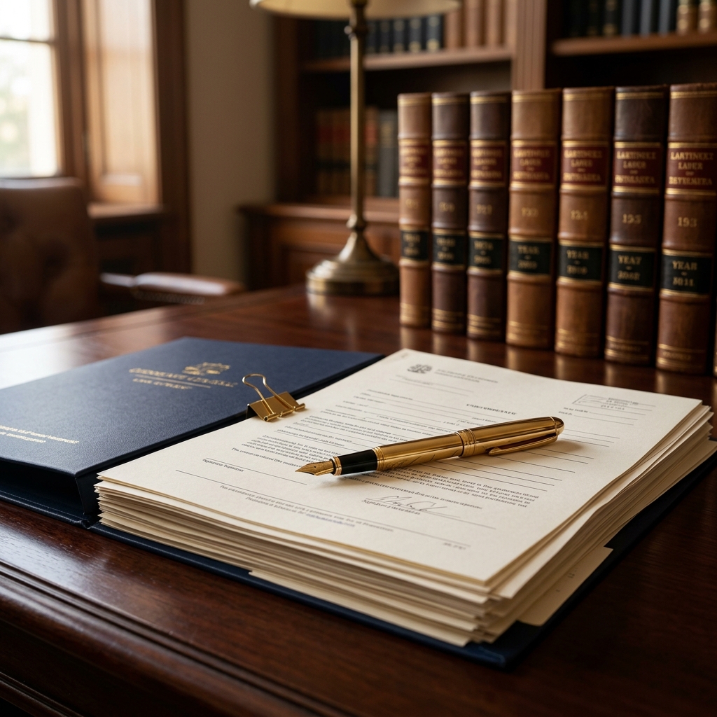 Corporate law documents on desk